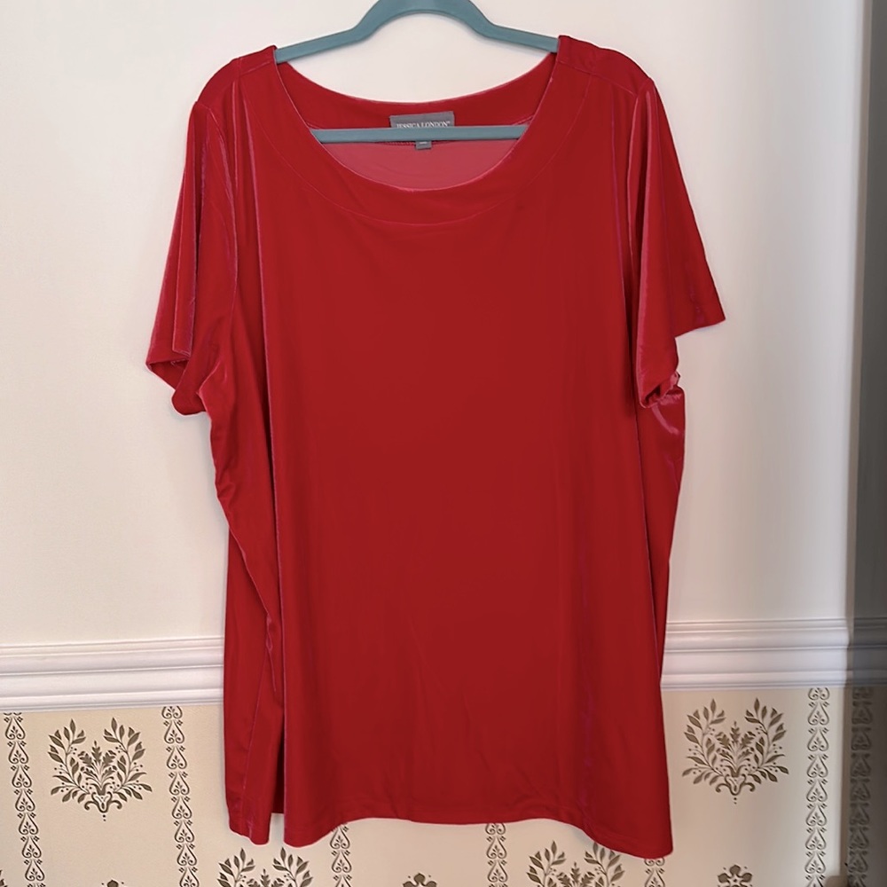 Jessica London Velvet Short Sleeve Womens Top 22/24 Red Boat Neck Blouse 1X Xmas